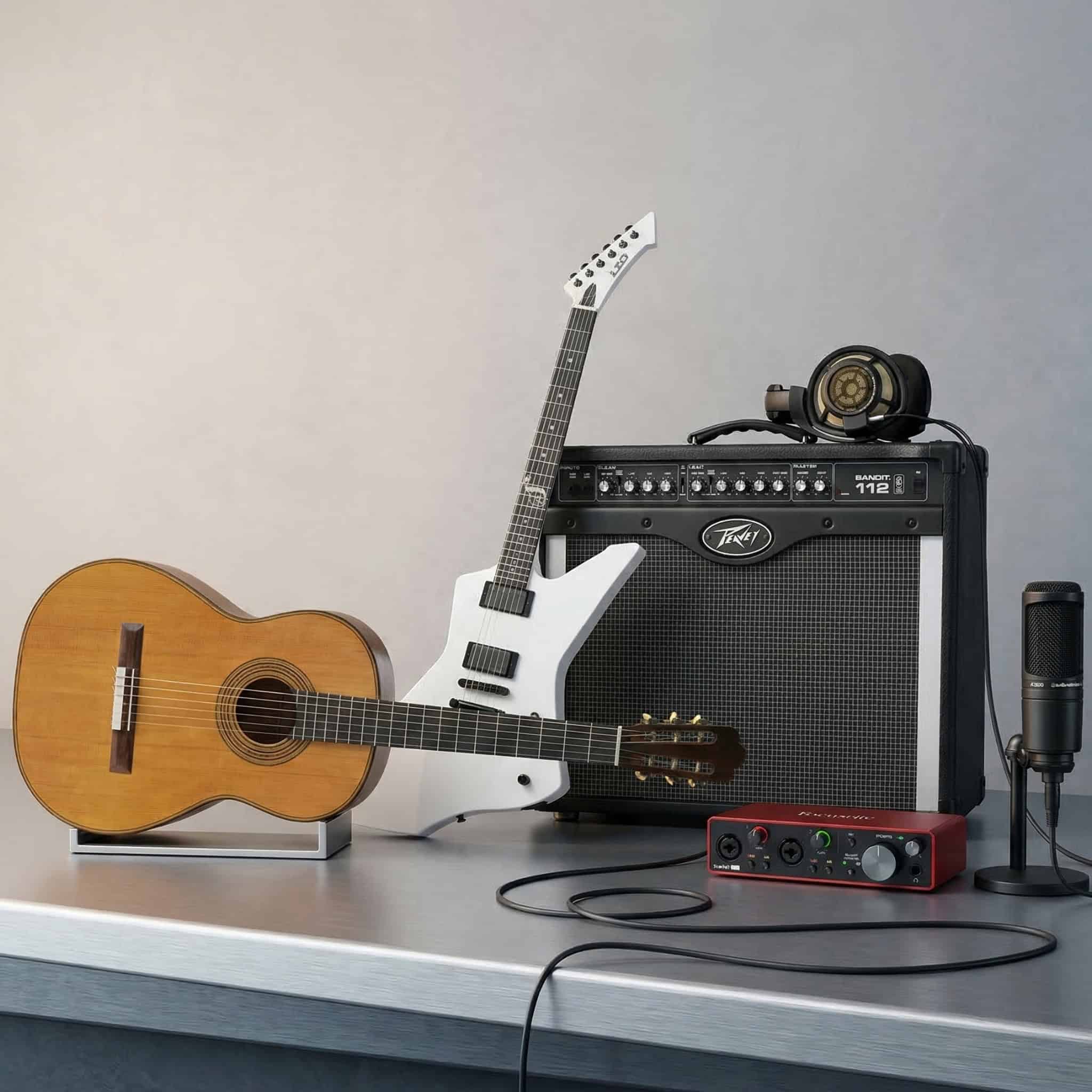 Acoustic and electric guitars with amplifier and recording equipment.